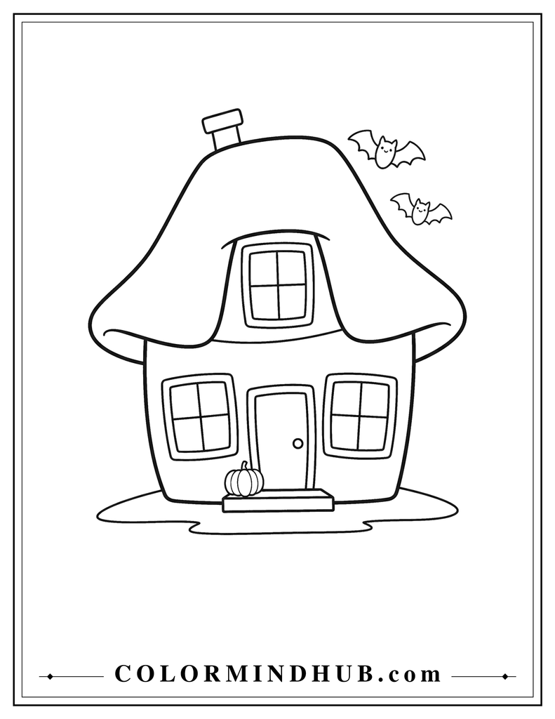 Small haunted house with an oversized wide roof, three large windows, pumpkin, and two bats - haunted house coloring page for kids