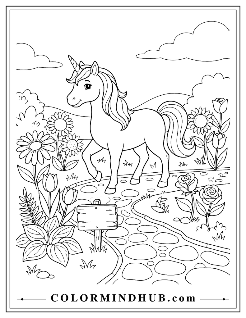 Unicorn walking along a simple garden path surrounded by several large flowers, leafy plants, and a small wooden sign without text