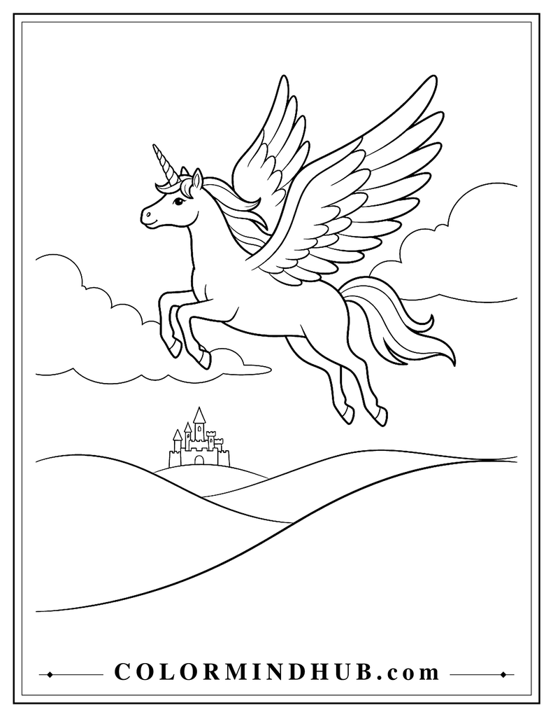 Unicorn with large feathered wings flying above rolling hills with a small castle below and a few large soft clouds