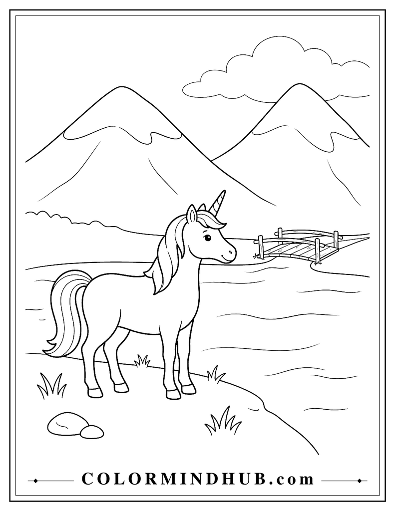 Unicorn standing beside a mountain lake looking toward two large mountains and a small wooden bridge