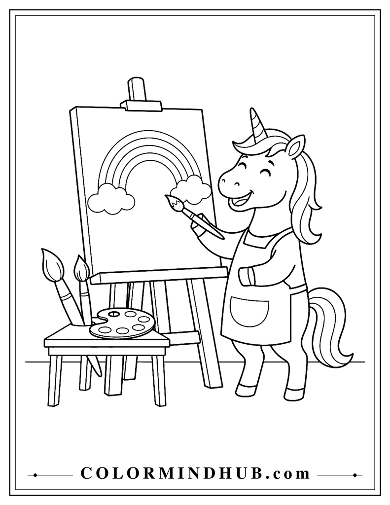 Cheerful unicorn standing beside an easel and painting a large rainbow picture on a canvas with a small paint palette and two paintbrushes nearby