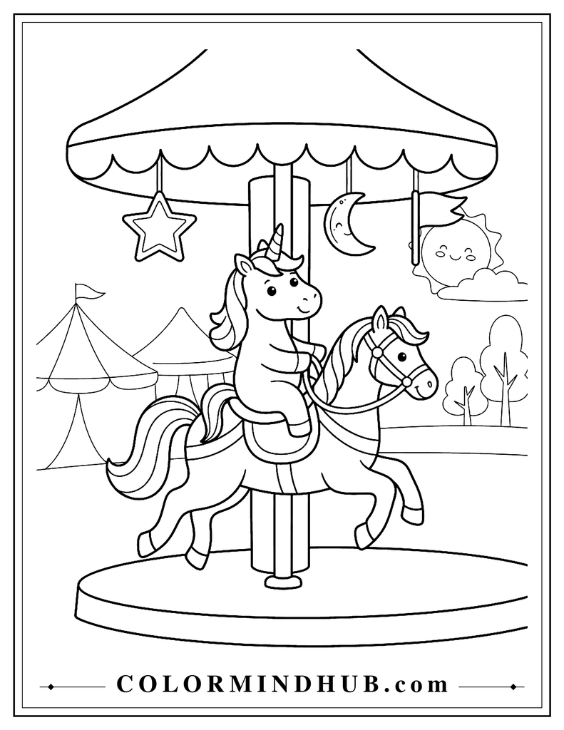 Happy unicorn riding a carousel horse beneath a rounded carousel roof with a few large hanging decorations